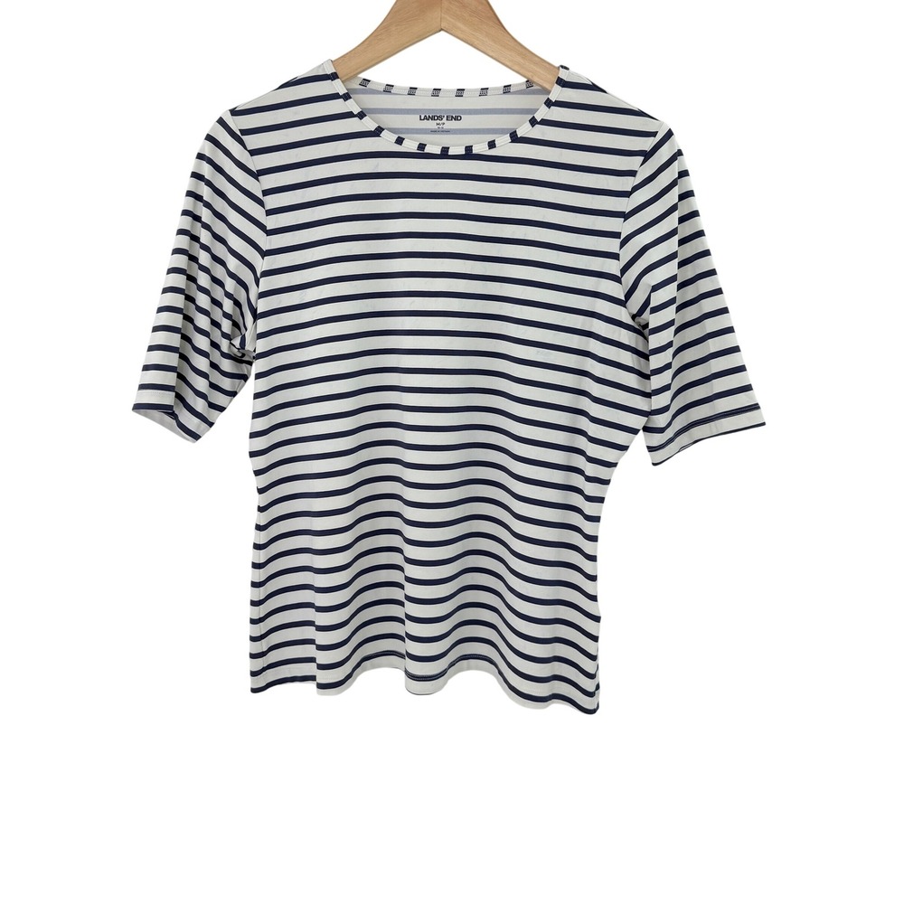 Lands' End Women's Striped Tee Shirt Top Navy‎ Blue White M Petite FLAWS